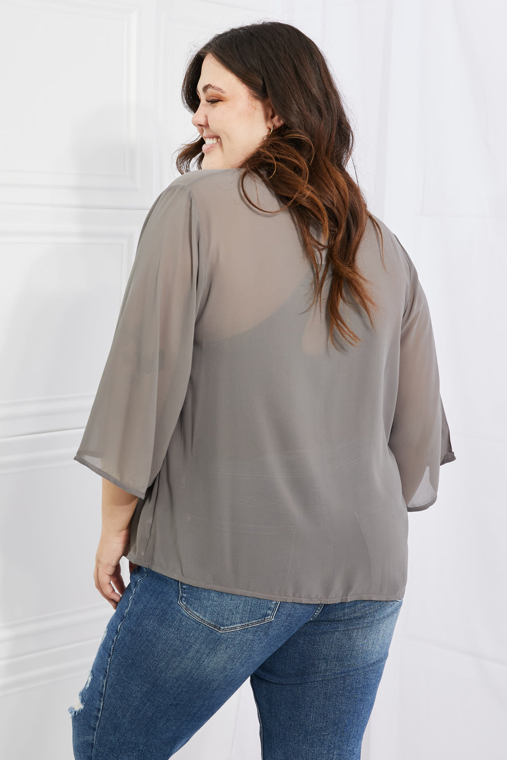 Melody Just Breathe Full Size Chiffon Kimono in Grey, featuring lightweight chiffon fabric and elegant kimono-style sleeves.