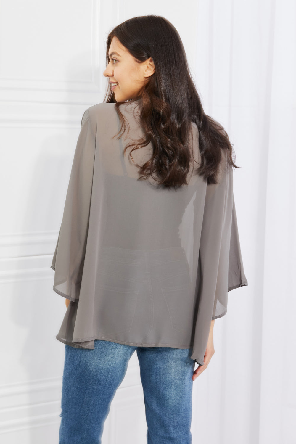 Melody Just Breathe Full Size Chiffon Kimono in Grey, featuring lightweight chiffon fabric and elegant kimono-style sleeves.