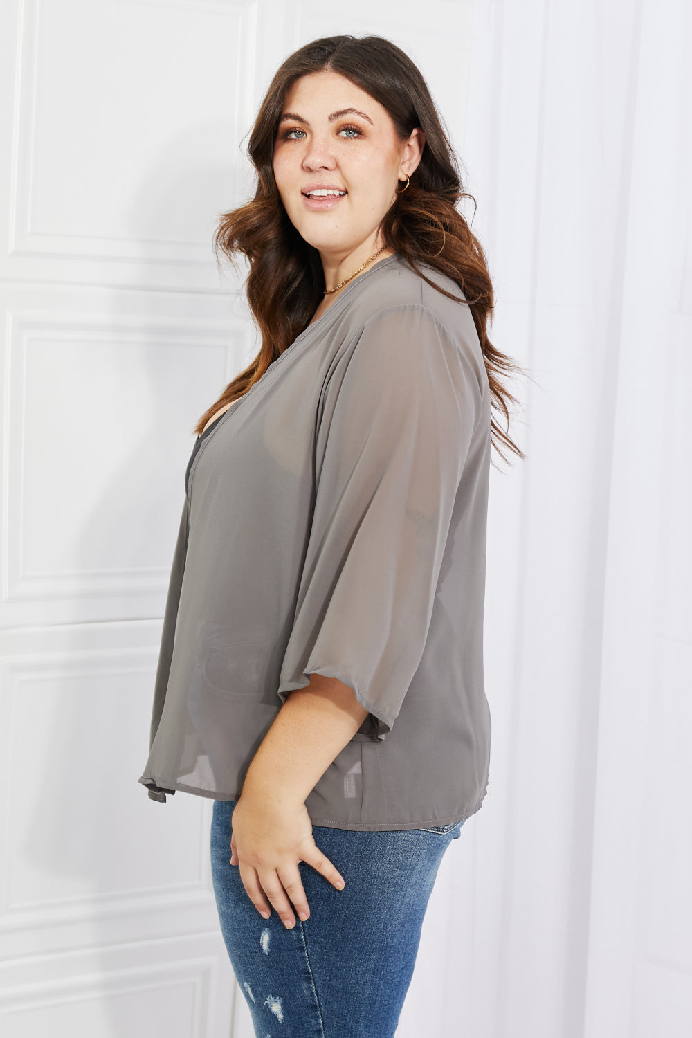 Melody Just Breathe Full Size Chiffon Kimono in Grey, featuring lightweight chiffon fabric and elegant kimono-style sleeves.