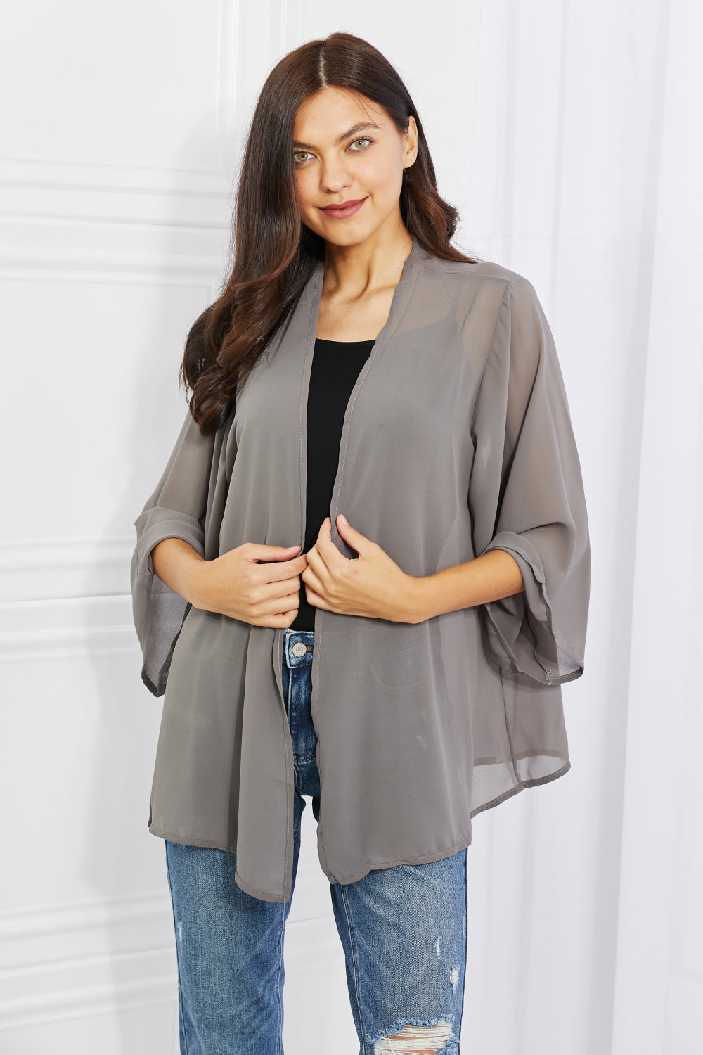 Melody Just Breathe Full Size Chiffon Kimono in Grey, featuring lightweight chiffon fabric and elegant kimono-style sleeves.