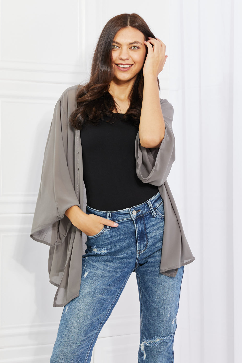 Melody Just Breathe Full Size Chiffon Kimono in Grey, featuring lightweight chiffon fabric and elegant kimono-style sleeves.