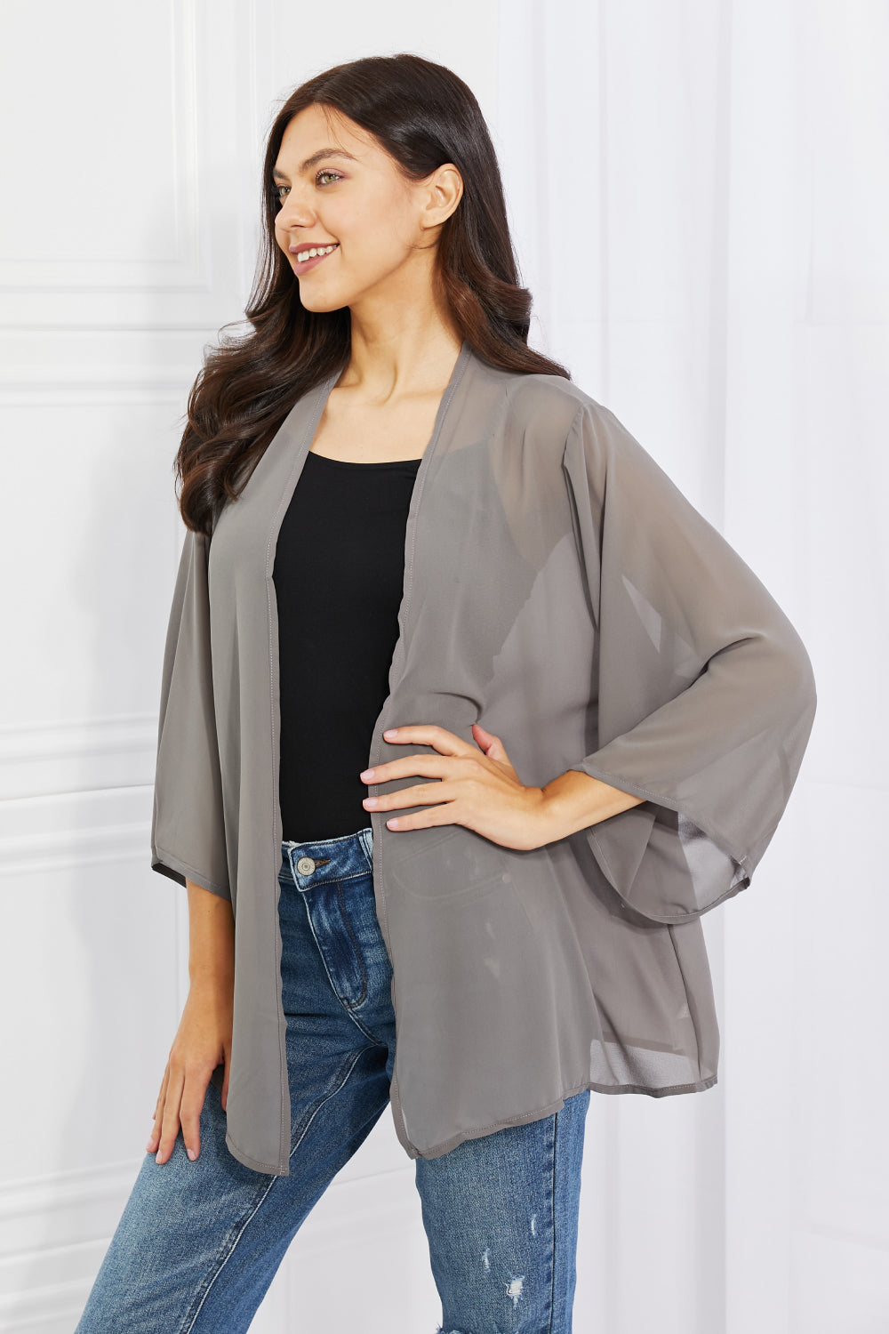 Melody Just Breathe Full Size Chiffon Kimono in Grey, featuring lightweight chiffon fabric and elegant kimono-style sleeves.