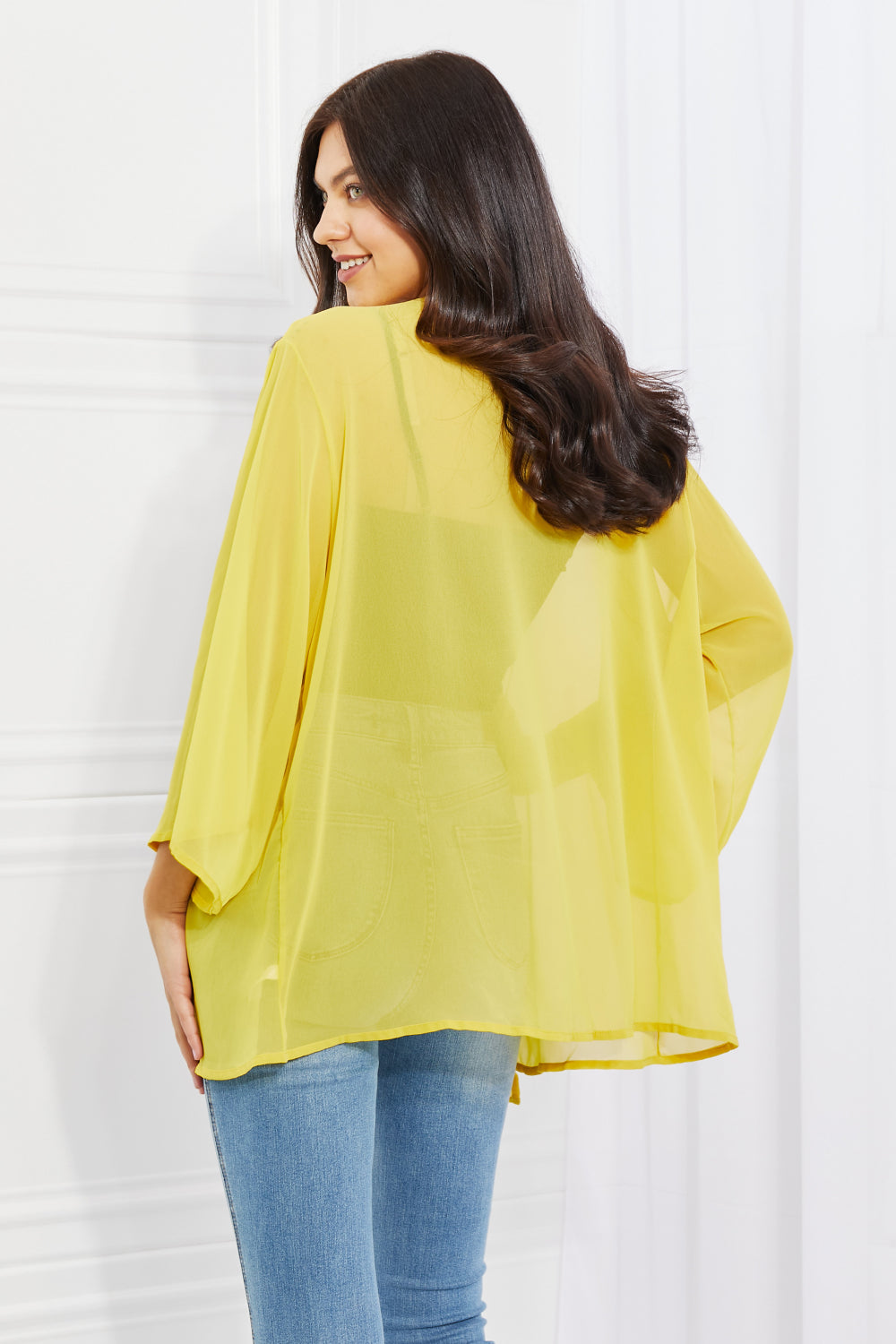 Melody Just Breathe Full Size Chiffon Kimono in Yellow, featuring a lightweight design and kimono-style sleeves, perfect for layering.