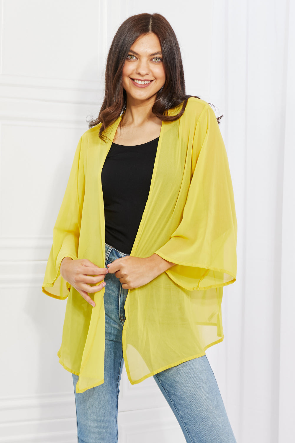 Melody Just Breathe Full Size Chiffon Kimono in Yellow, featuring a lightweight design and kimono-style sleeves, perfect for layering.