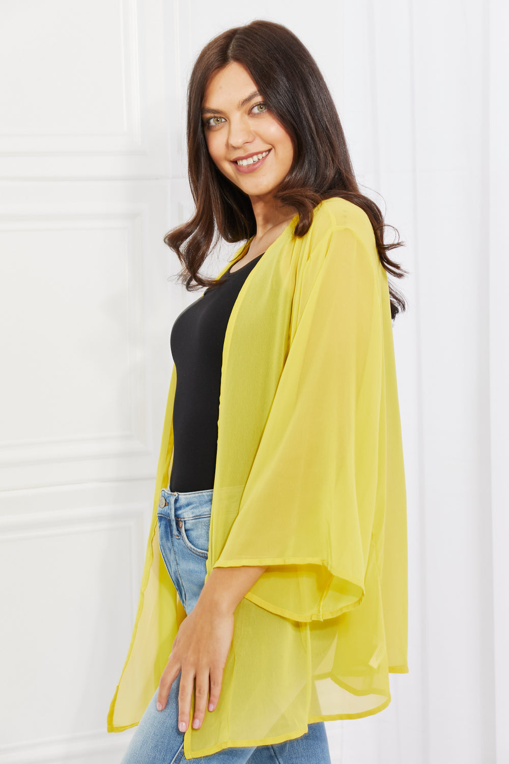 Melody Just Breathe Full Size Chiffon Kimono in Yellow, featuring a lightweight design and kimono-style sleeves, perfect for layering.