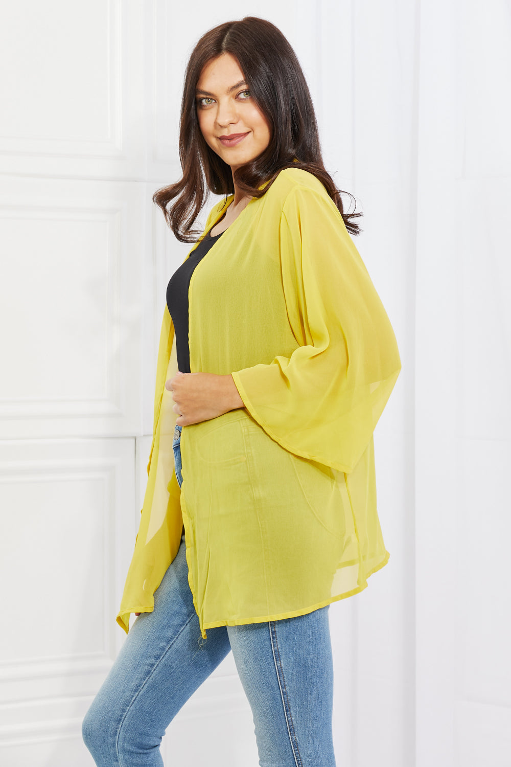 Melody Just Breathe Full Size Chiffon Kimono in Yellow, featuring a lightweight design and kimono-style sleeves, perfect for layering.