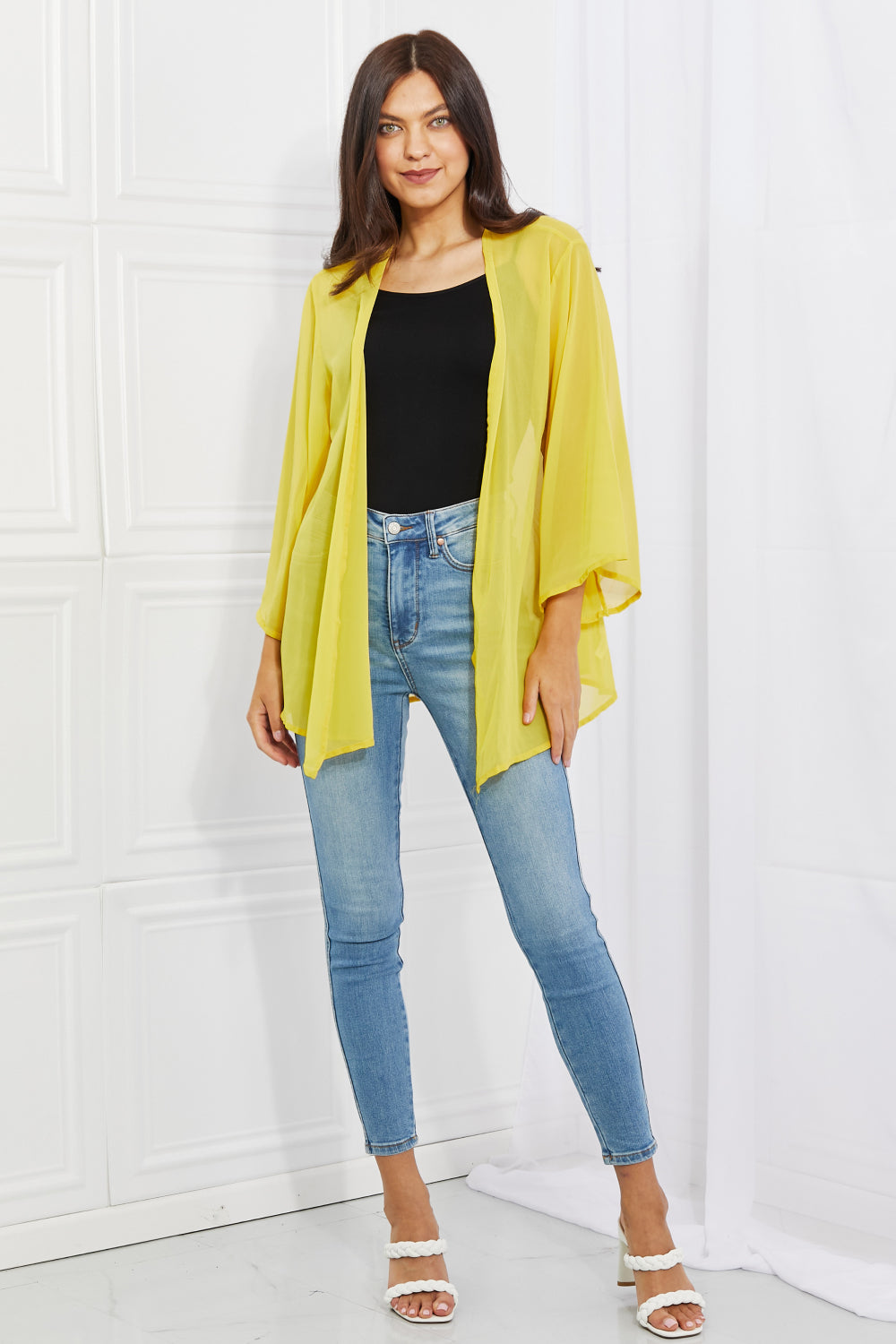 Melody Just Breathe Full Size Chiffon Kimono in Yellow, featuring a lightweight design and kimono-style sleeves, perfect for layering.