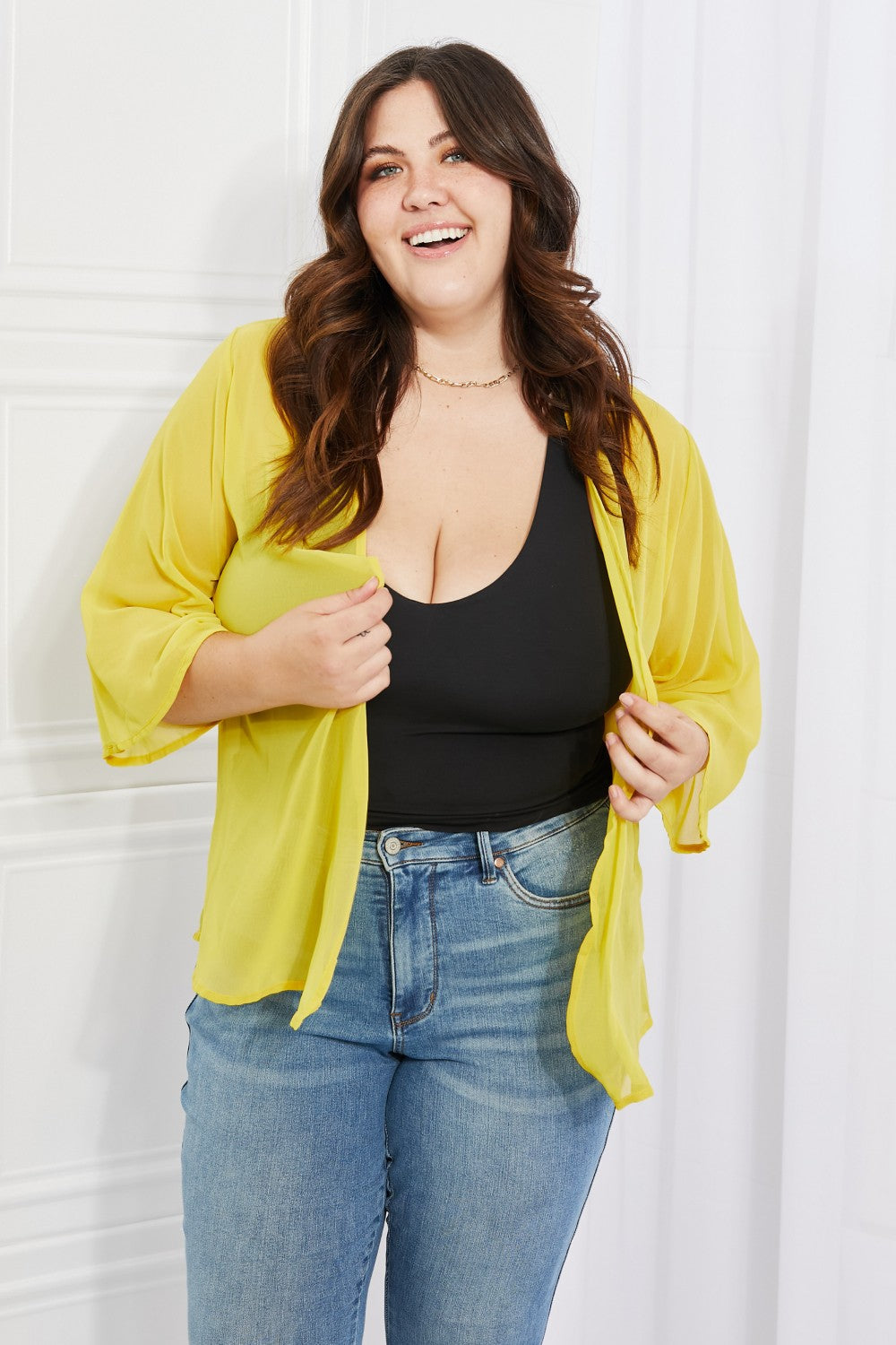 Melody Just Breathe Full Size Chiffon Kimono in Yellow, featuring a lightweight design and kimono-style sleeves, perfect for layering.