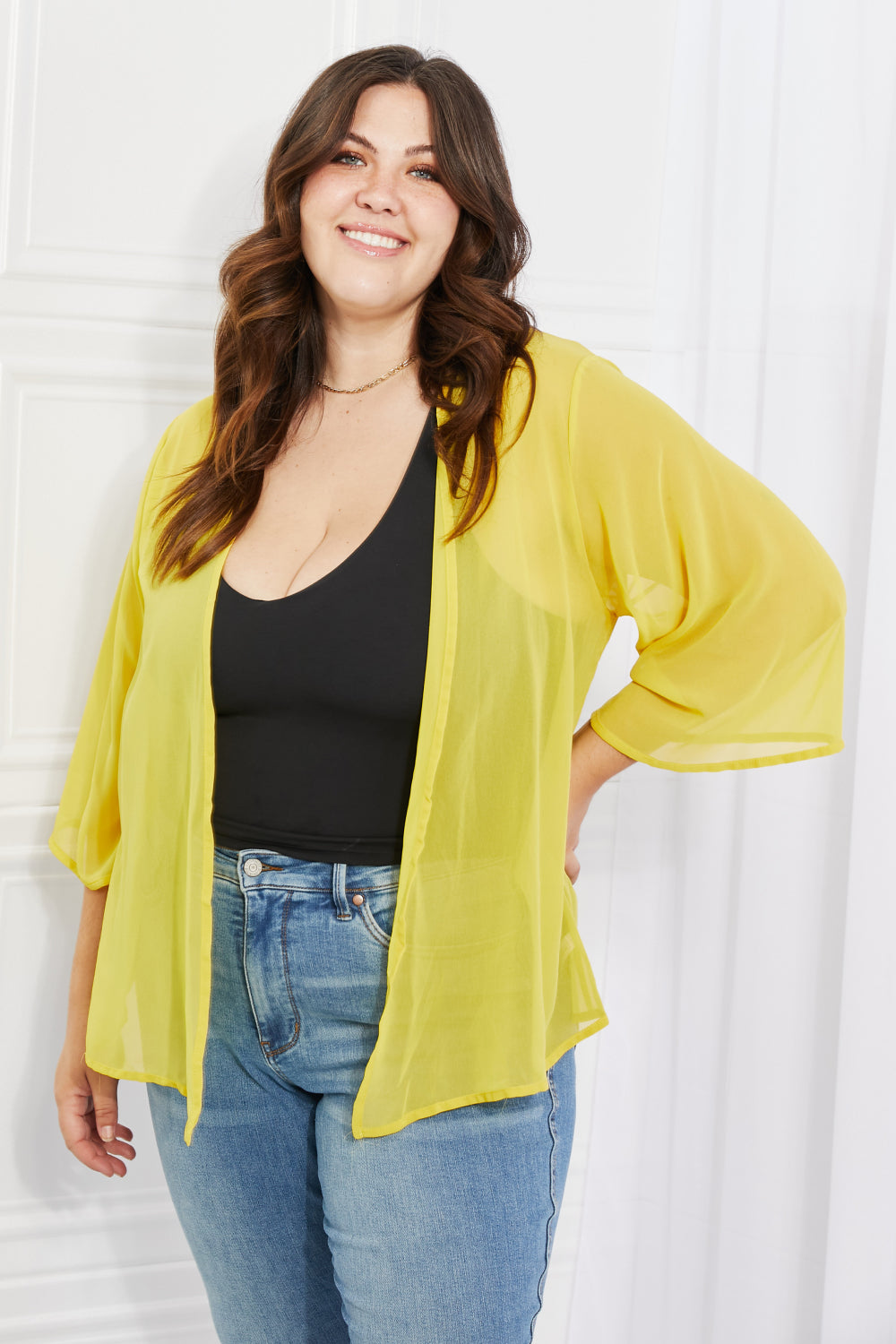 Melody Just Breathe Full Size Chiffon Kimono in Yellow, featuring a lightweight design and kimono-style sleeves, perfect for layering.