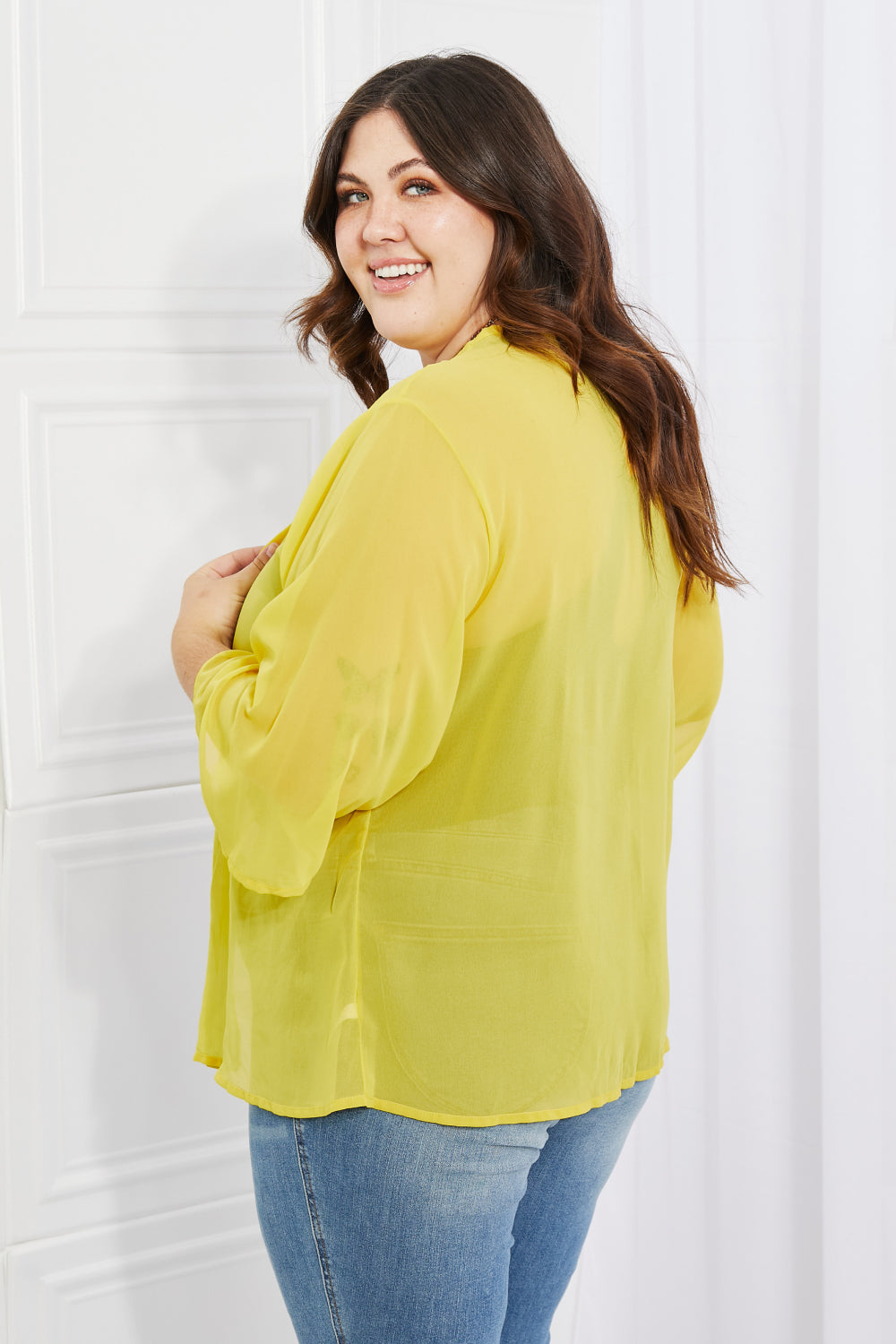 Melody Just Breathe Full Size Chiffon Kimono in Yellow, featuring a lightweight design and kimono-style sleeves, perfect for layering.