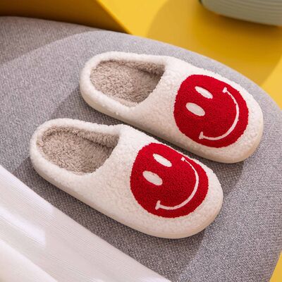 Melody Smiley Face Cozy Slippers featuring a plush faux fur top and a cheerful smiley face design, perfect for indoor comfort.