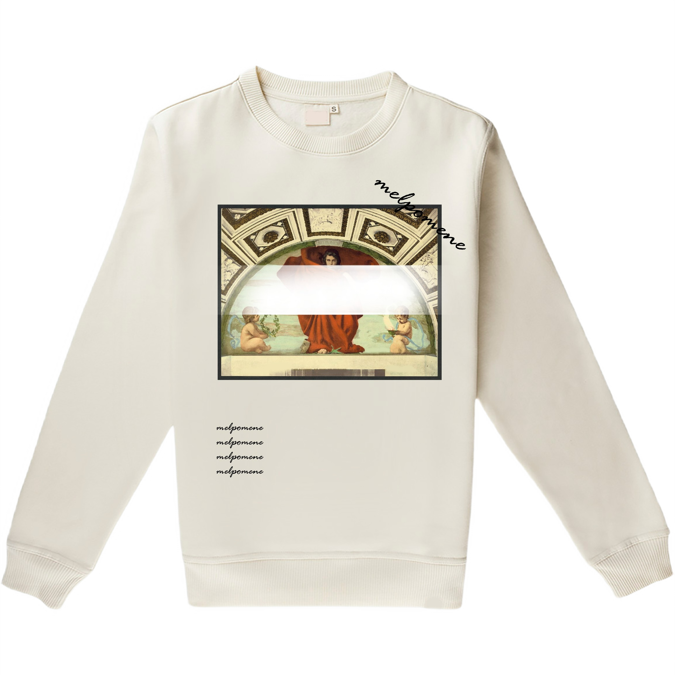 Melpomene Unisex Sweatshirt featuring Greek mythology-inspired design, made from organic cotton and recycled polyester.