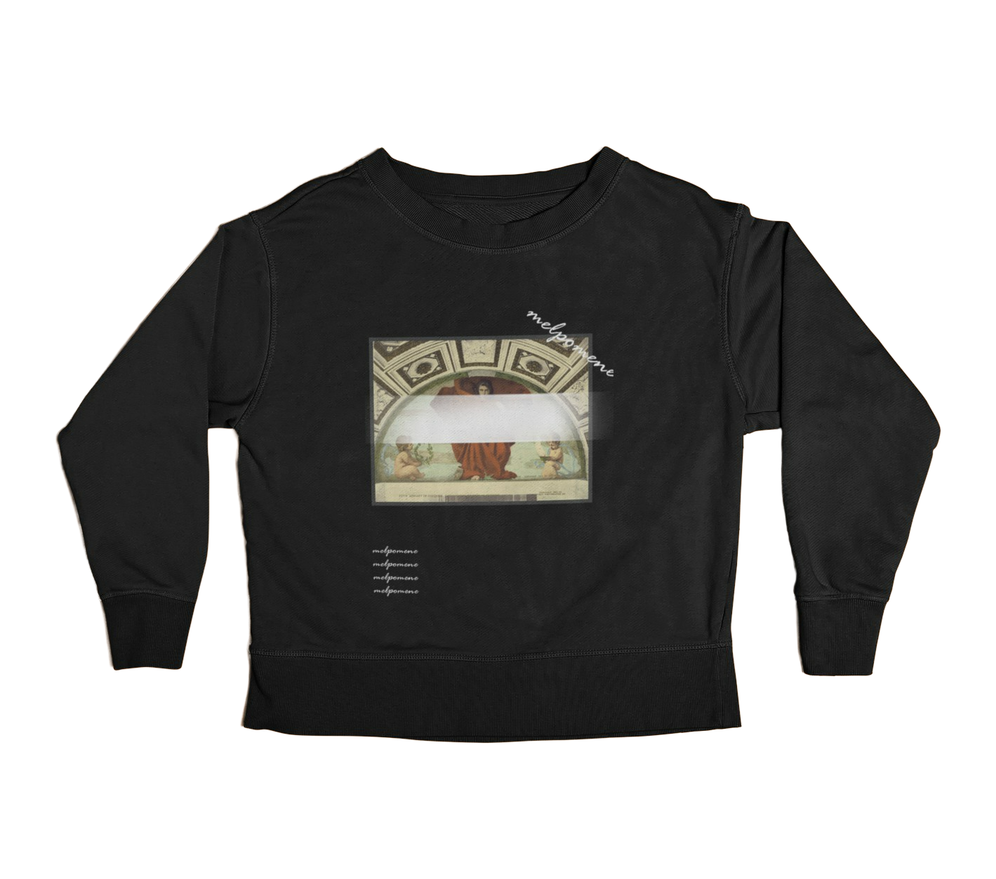 Melpomene Unisex Sweatshirt featuring Greek mythology-inspired design, made from organic cotton and recycled polyester.