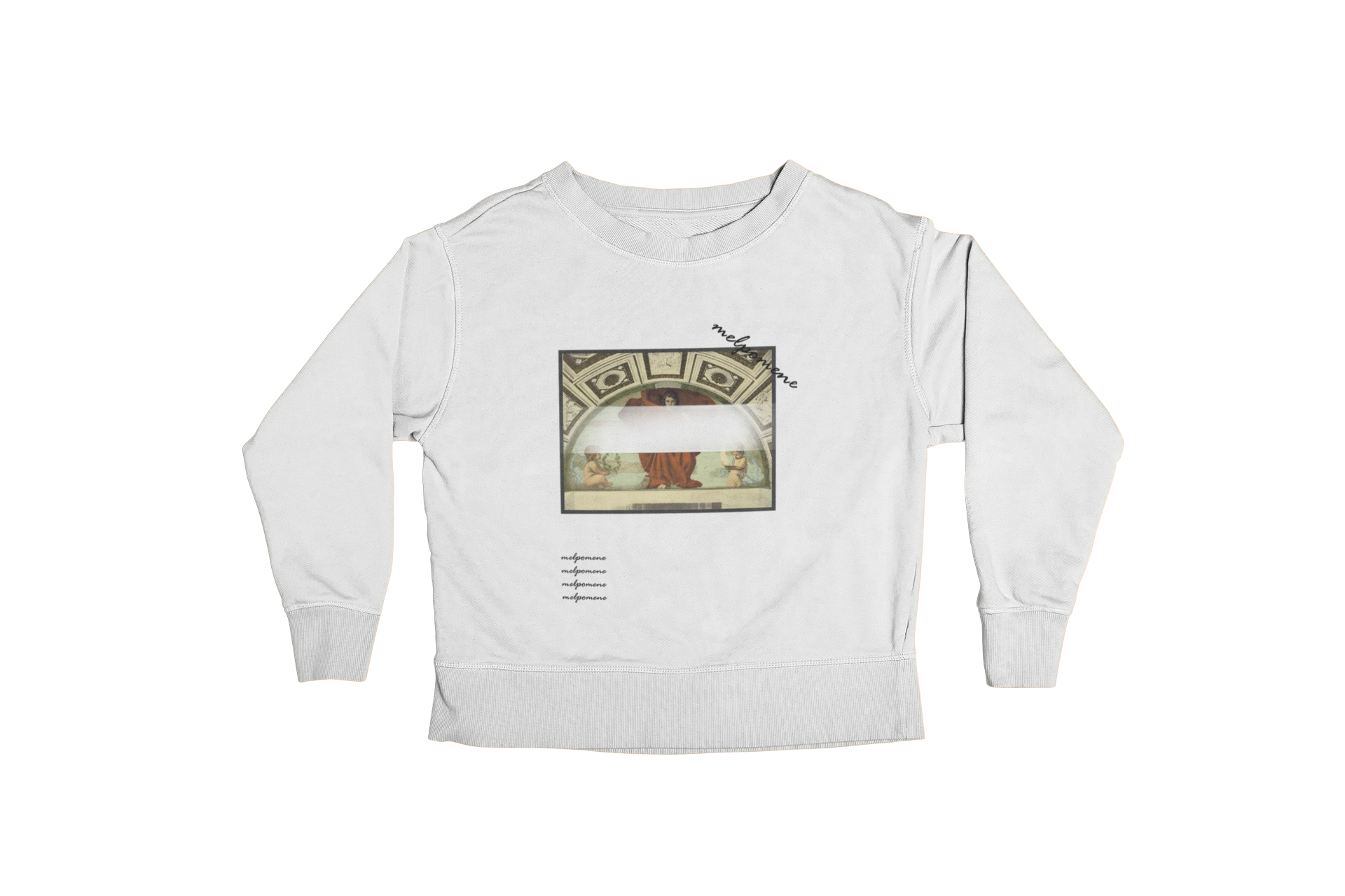 Melpomene Unisex Sweatshirt featuring Greek mythology-inspired design, made from organic cotton and recycled polyester.