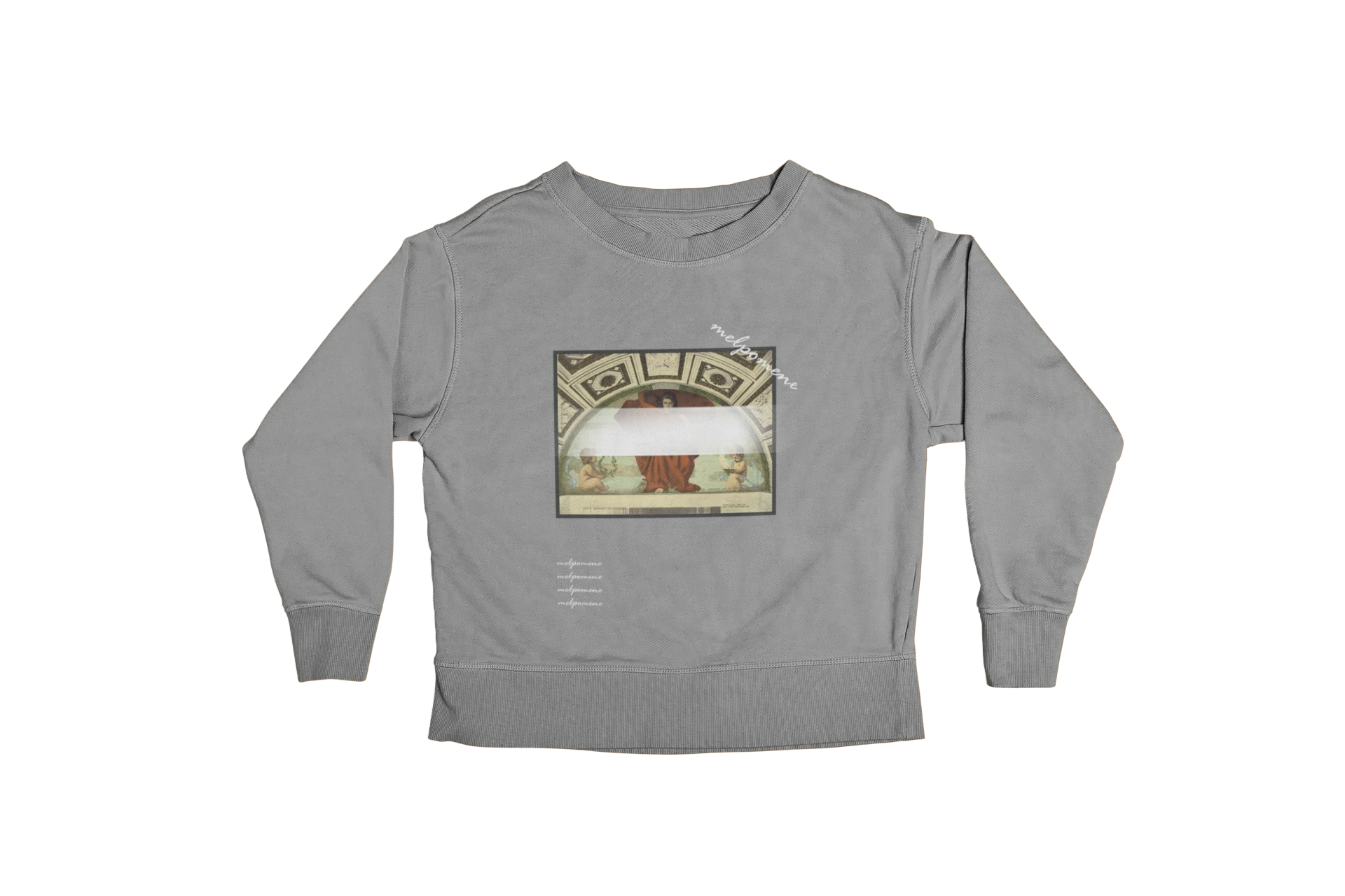 Melpomene Unisex Sweatshirt featuring Greek mythology-inspired design, made from organic cotton and recycled polyester.