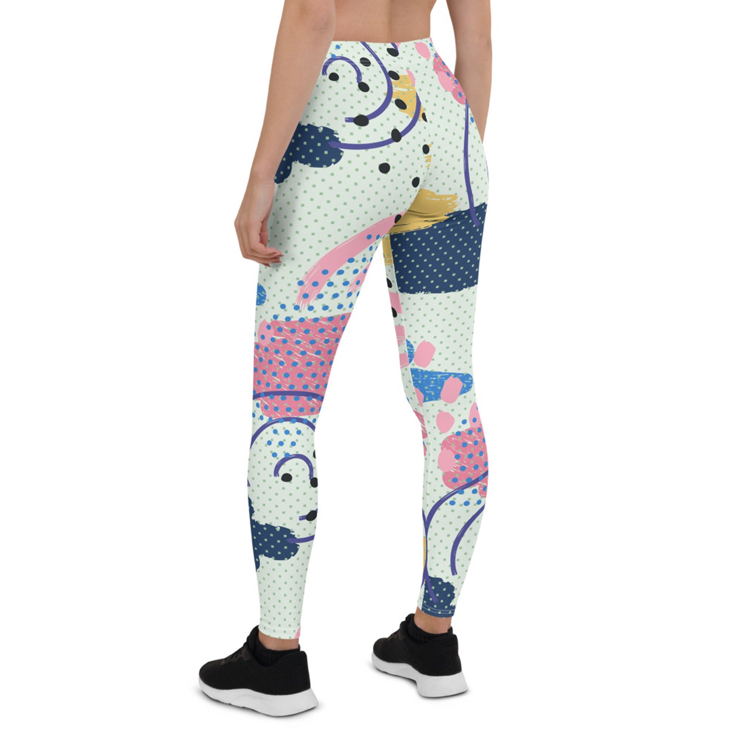 A pair of Memphis Pattern Leggings for Women featuring vibrant, unique designs, showcasing their full-length style and high-quality fabric.