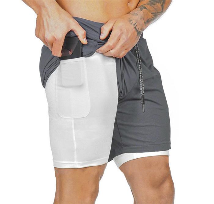 Men's 2 in 1 running shorts in black, featuring a drawstring closure and quick-dry fabric, perfect for jogging and fitness training.