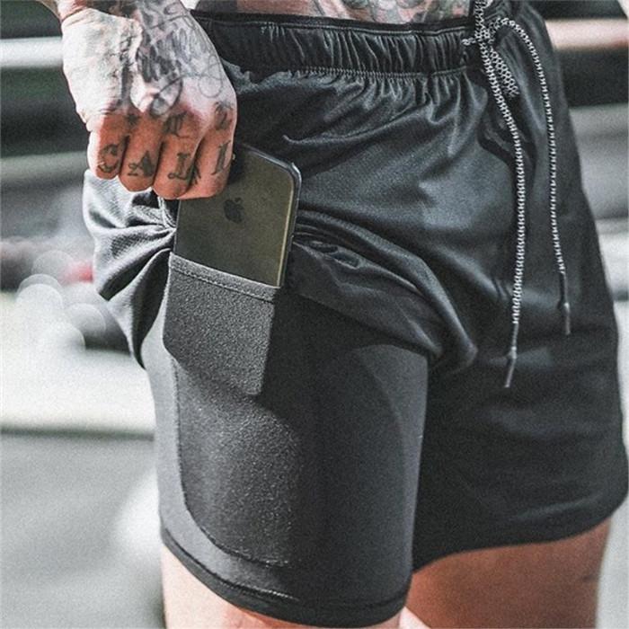 Men's 2 in 1 running shorts in black, featuring a drawstring closure and quick-dry fabric, perfect for jogging and fitness training.