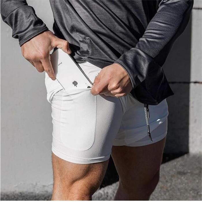 Men's 2 in 1 running shorts in black, featuring a drawstring closure and quick-dry fabric, perfect for jogging and fitness training.