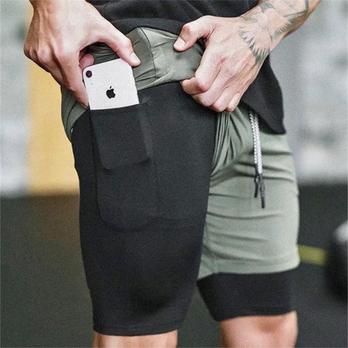 Men's 2 in 1 running shorts in black, featuring a drawstring closure and quick-dry fabric, perfect for jogging and fitness training.