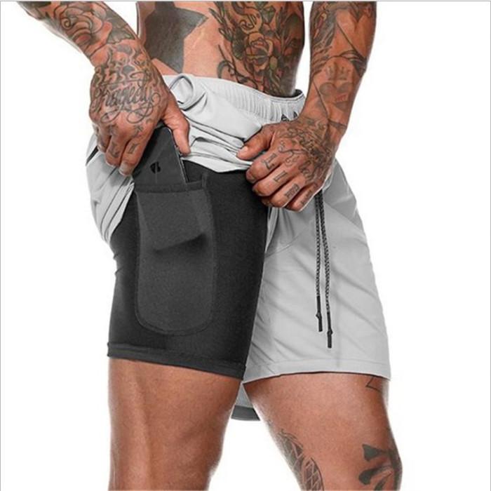 Men's 2 in 1 running shorts in black, featuring a drawstring closure and quick-dry fabric, perfect for jogging and fitness training.