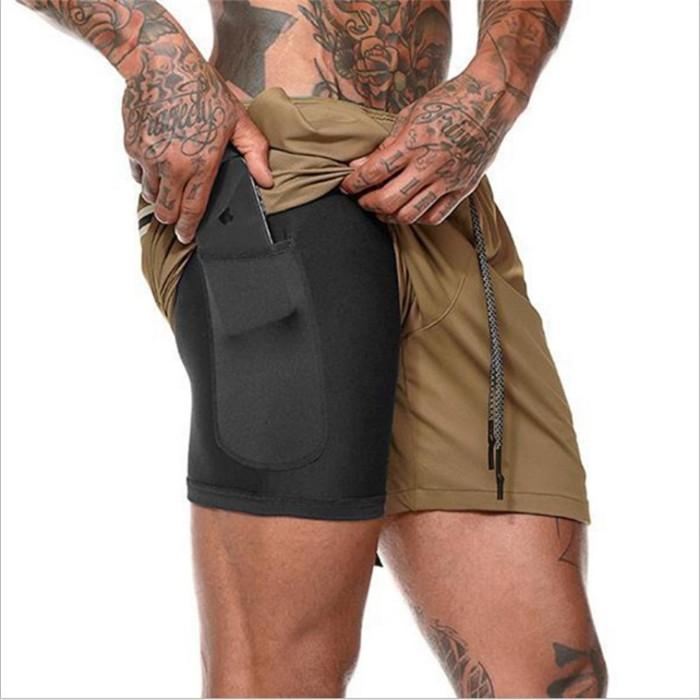 Men's 2 in 1 running shorts in black, featuring a drawstring closure and quick-dry fabric, perfect for jogging and fitness training.