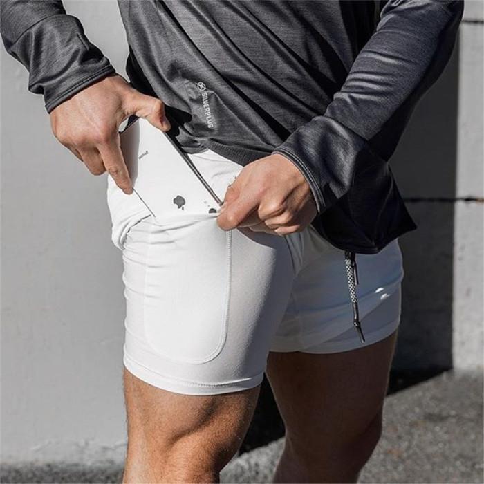 Men's 2 in 1 running shorts in black, featuring a drawstring closure and quick-dry fabric, perfect for jogging and fitness training.