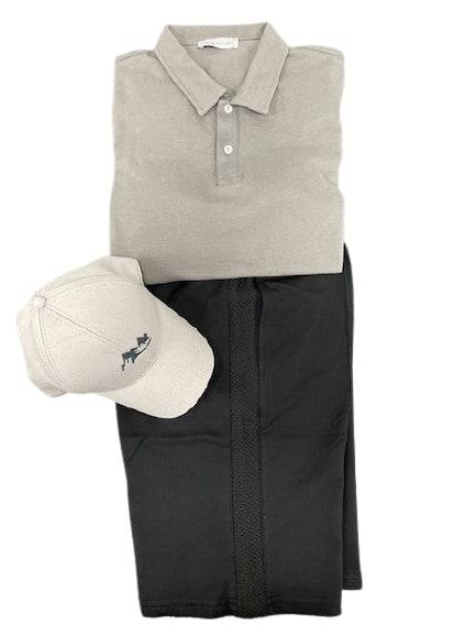 Men's Casual Wear Matched Set featuring a breathable polo shirt, lightweight Bermuda shorts, and an outdoor hat with Sierra Mountain Logo.