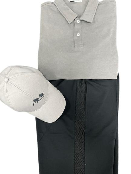 Men's Casual Wear Matched Set featuring a breathable polo shirt, lightweight Bermuda shorts, and an outdoor hat with Sierra Mountain Logo.