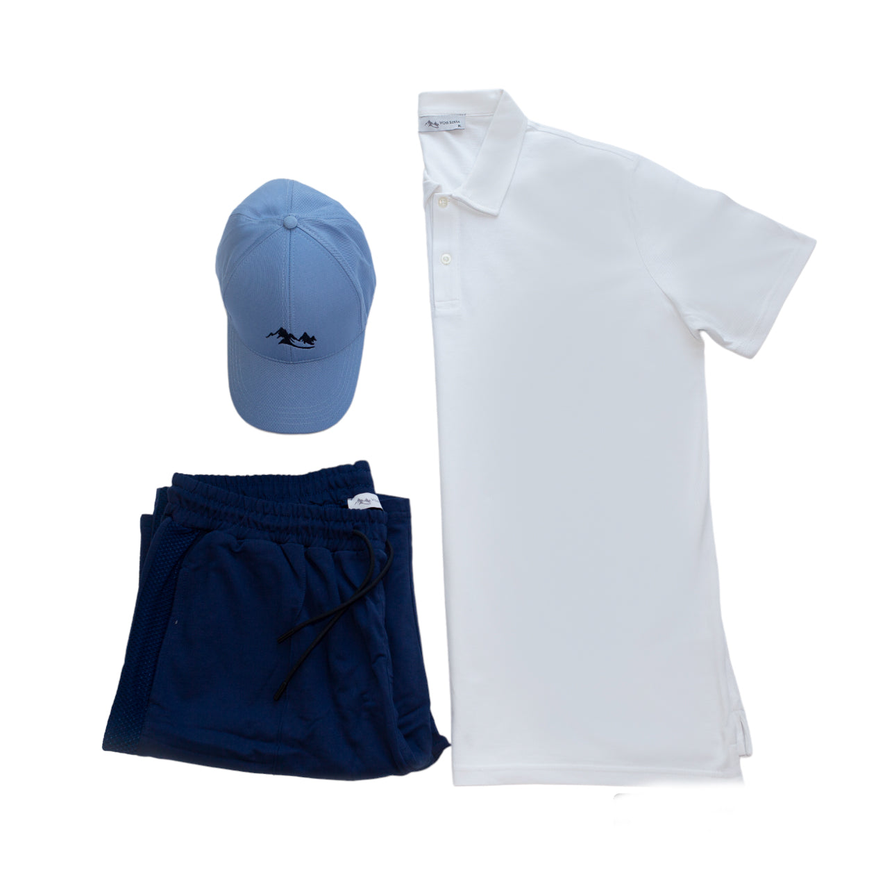 Men's Casual Wear Matched Set featuring a breathable polo shirt, lightweight Bermuda shorts, and an outdoor hat with Sierra Mountain Logo.