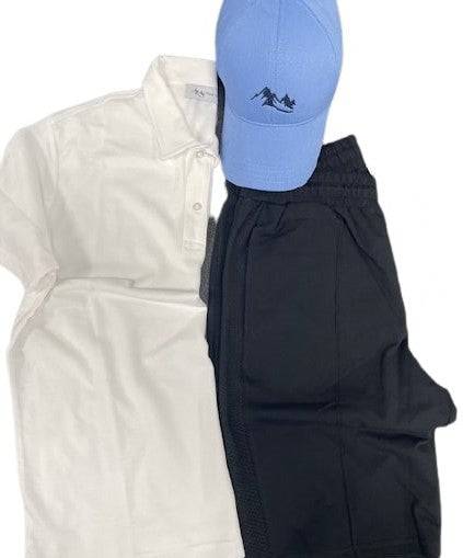 Men's Casual Wear Matched Set featuring a breathable polo shirt, lightweight Bermuda shorts, and an outdoor hat with Sierra Mountain Logo.