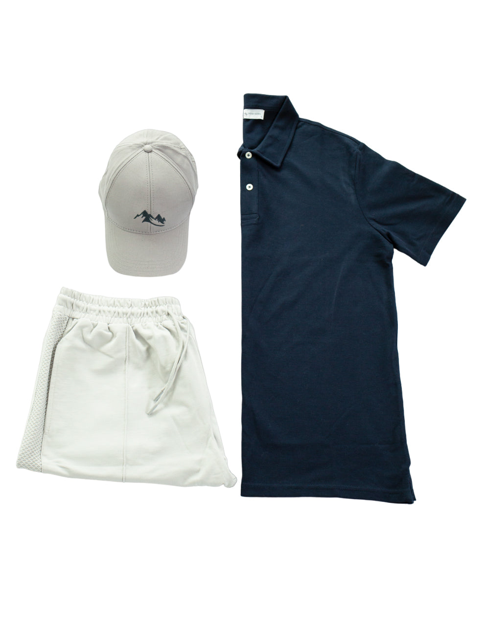 Men's Casual Wear Matched Set featuring a breathable polo shirt, lightweight Bermuda shorts, and an outdoor hat with Sierra Mountain Logo.