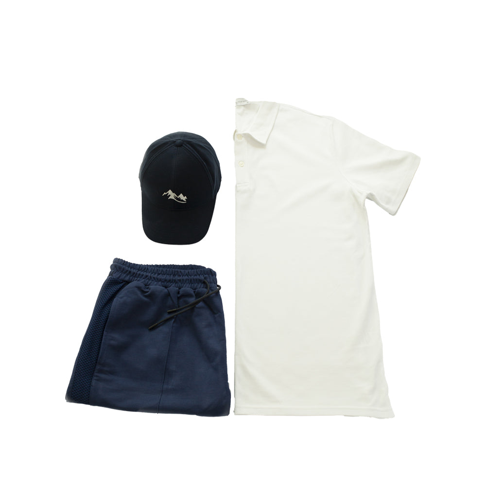 Men's Casual Wear Matched Set featuring a breathable polo shirt, lightweight Bermuda shorts, and an outdoor hat with Sierra Mountain Logo.