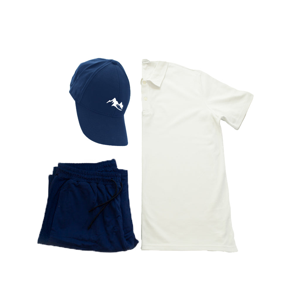 Men's Casual Wear Matched Set featuring a breathable polo shirt, lightweight Bermuda shorts, and an outdoor hat with Sierra Mountain Logo.