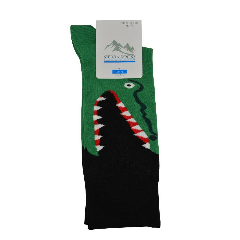 Men's crew socks featuring a quirky alligator pattern, made from soft combed cotton, showcasing a relaxed cuff and smooth toe seaming.