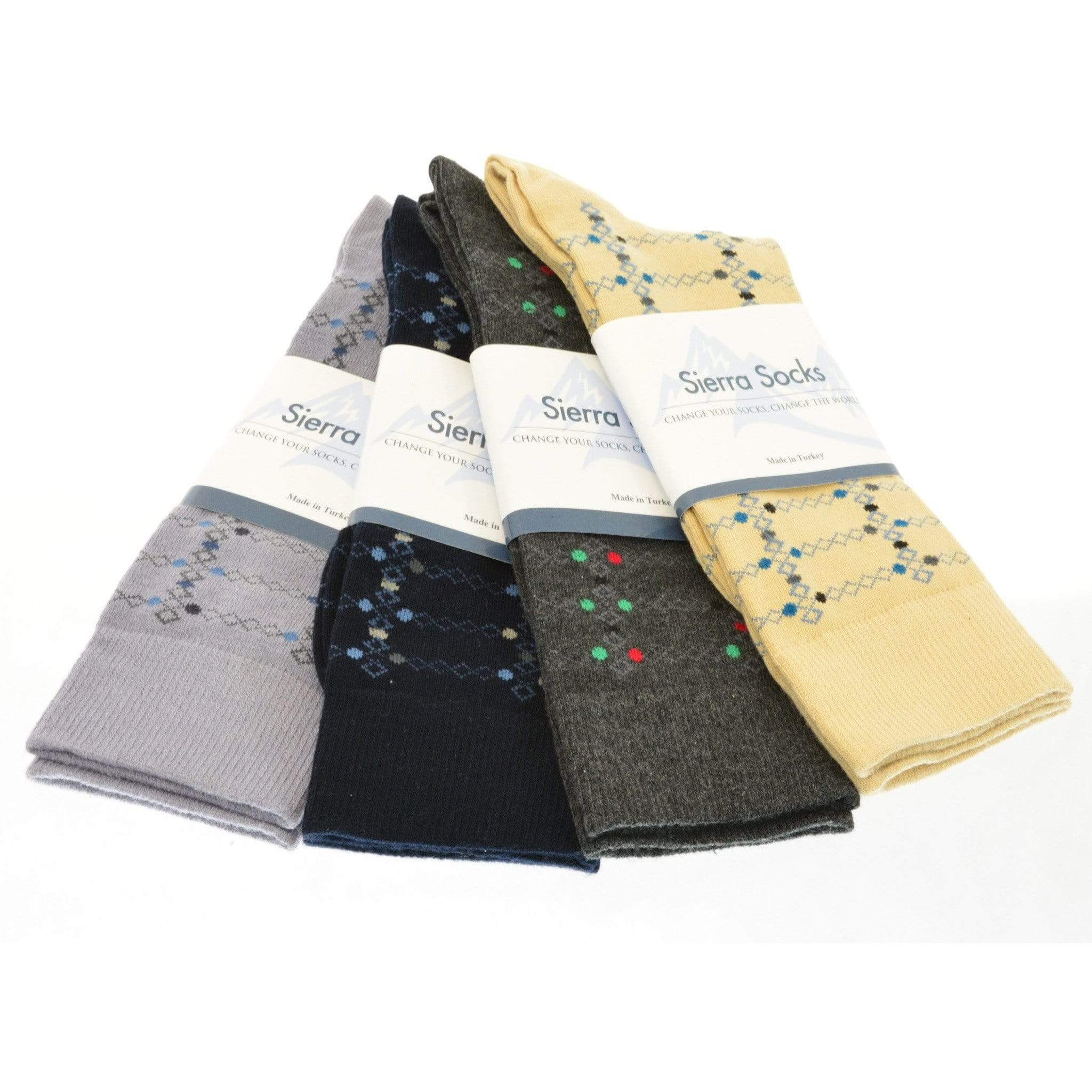 Men's crew socks in combed cotton featuring a diamond geometric design, available in various neutral colors.