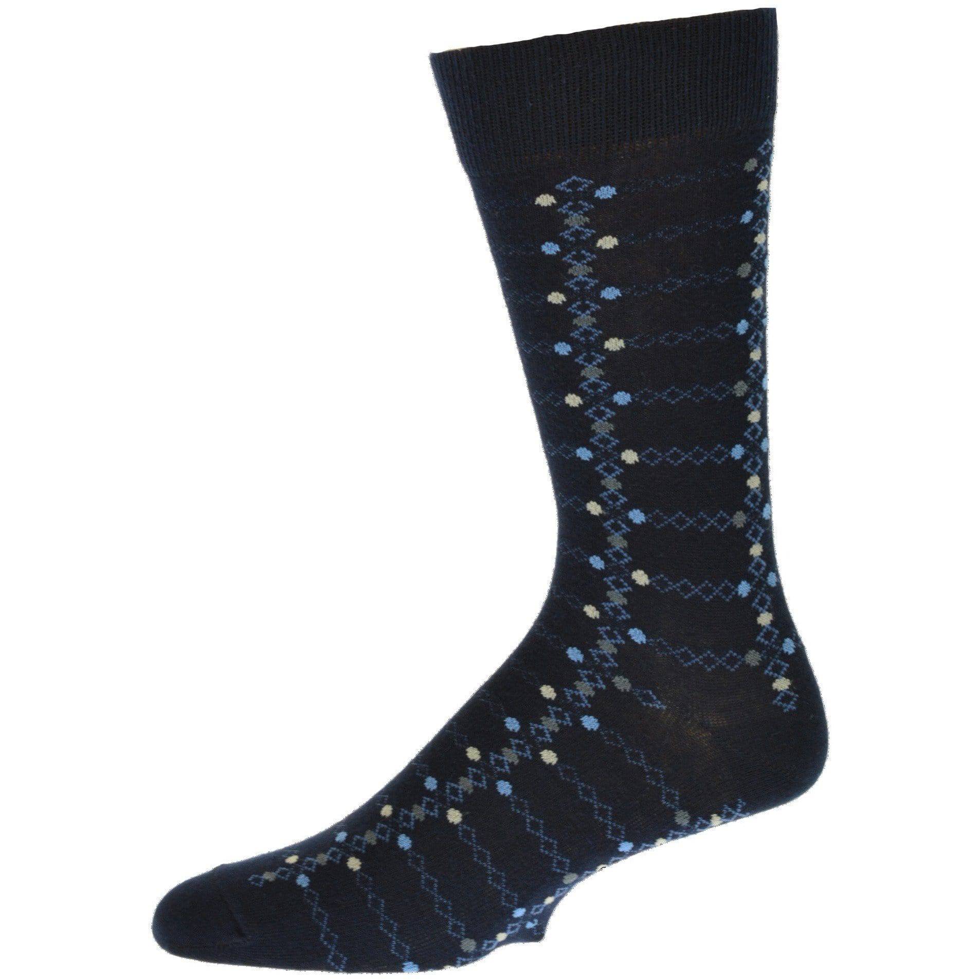 Men's crew socks in combed cotton featuring a diamond geometric design, available in various neutral colors.