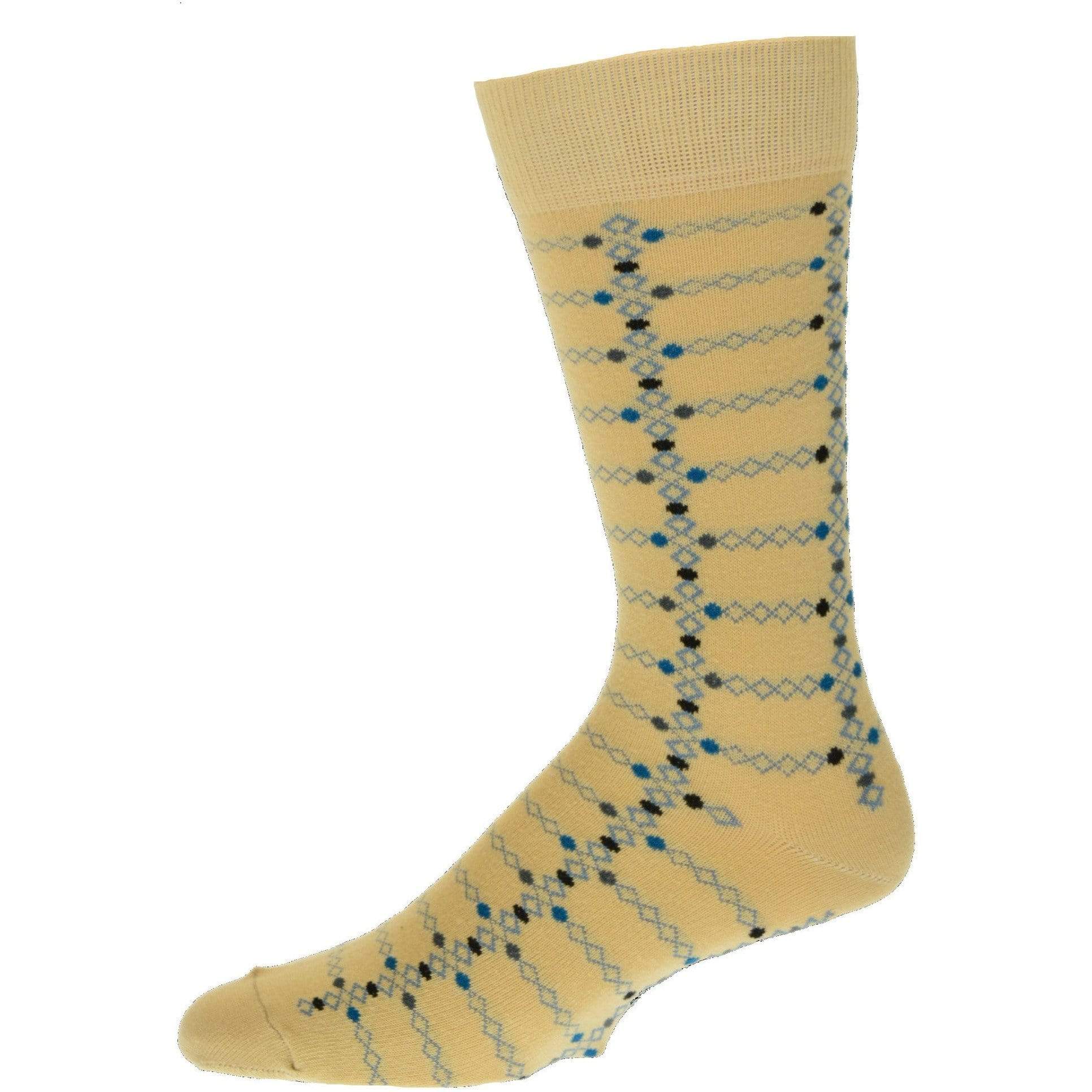 Men's crew socks in combed cotton featuring a diamond geometric design, available in various neutral colors.