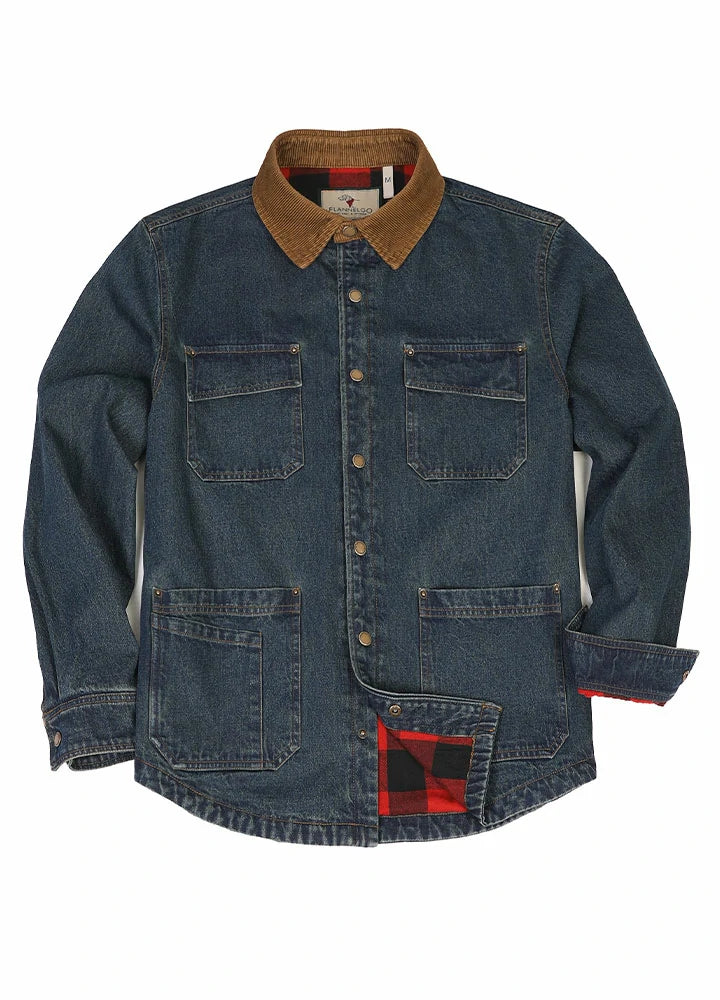 Men's flannel lined utility denim shacket featuring a corduroy collar and multiple pockets, ideal for workwear and casual outings.