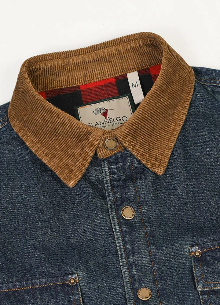 Men's flannel lined utility denim shacket featuring a corduroy collar and multiple pockets, ideal for workwear and casual outings.