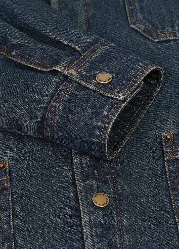 Men's flannel lined utility denim shacket featuring a corduroy collar and multiple pockets, ideal for workwear and casual outings.