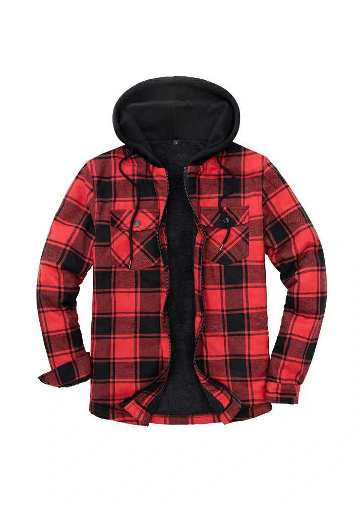 Men's Matching Family Red Plaid Zip Up Hooded Jacket displayed on a hanger, showcasing its stylish design and cozy hood.