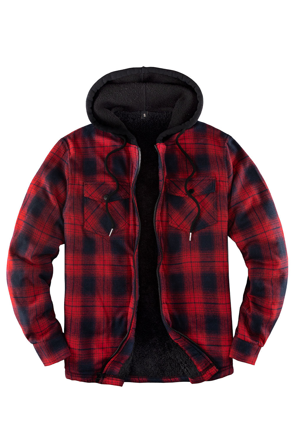 Men's Matching Family Red Plaid Zip Up Hooded Jacket displayed on a hanger, showcasing its stylish design and cozy hood.