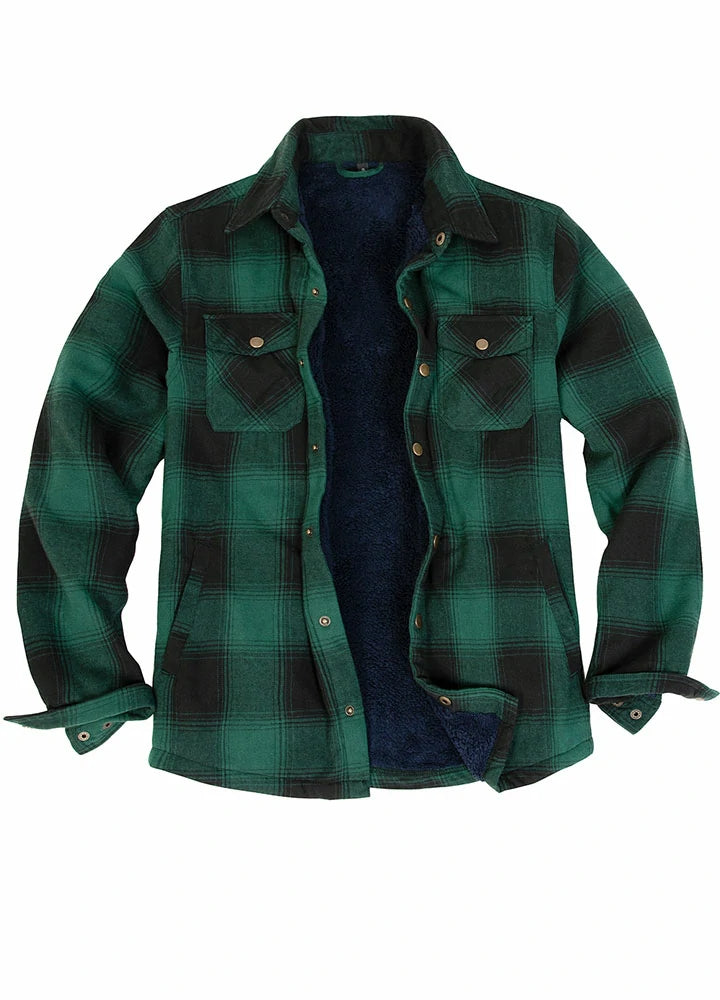 Men's Matching Family Snap Front Green Plaid Shacket featuring a cozy design and festive plaid pattern, perfect for holiday gatherings.