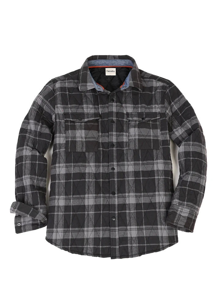 Men's quilt lined plaid jacket with snap button design, showcasing a stylish and warm outerwear option for men.