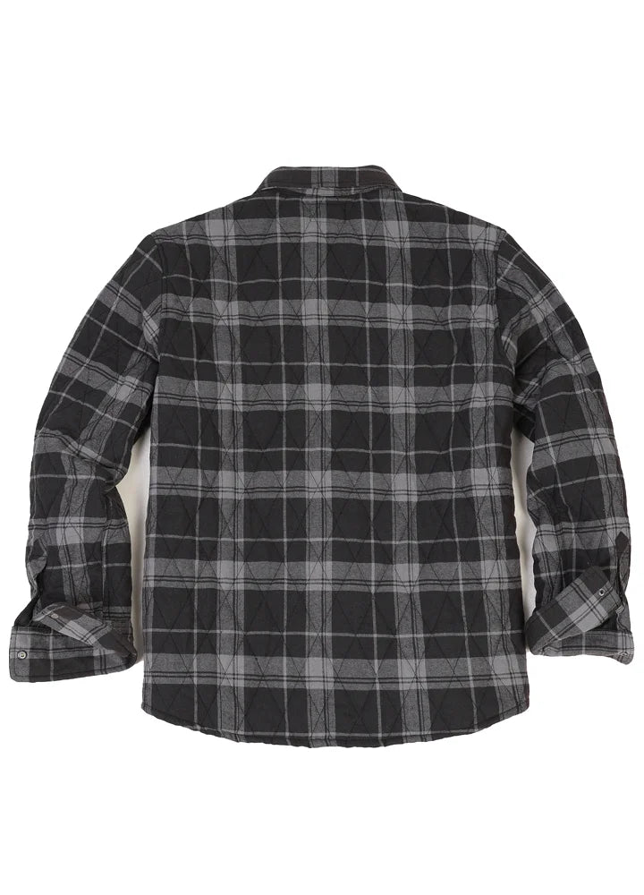 Men's quilt lined plaid jacket with snap button design, showcasing a stylish and warm outerwear option for men.