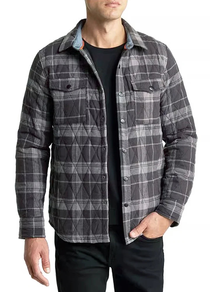 Men's quilt lined plaid jacket with snap button design, showcasing a stylish and warm outerwear option for men.