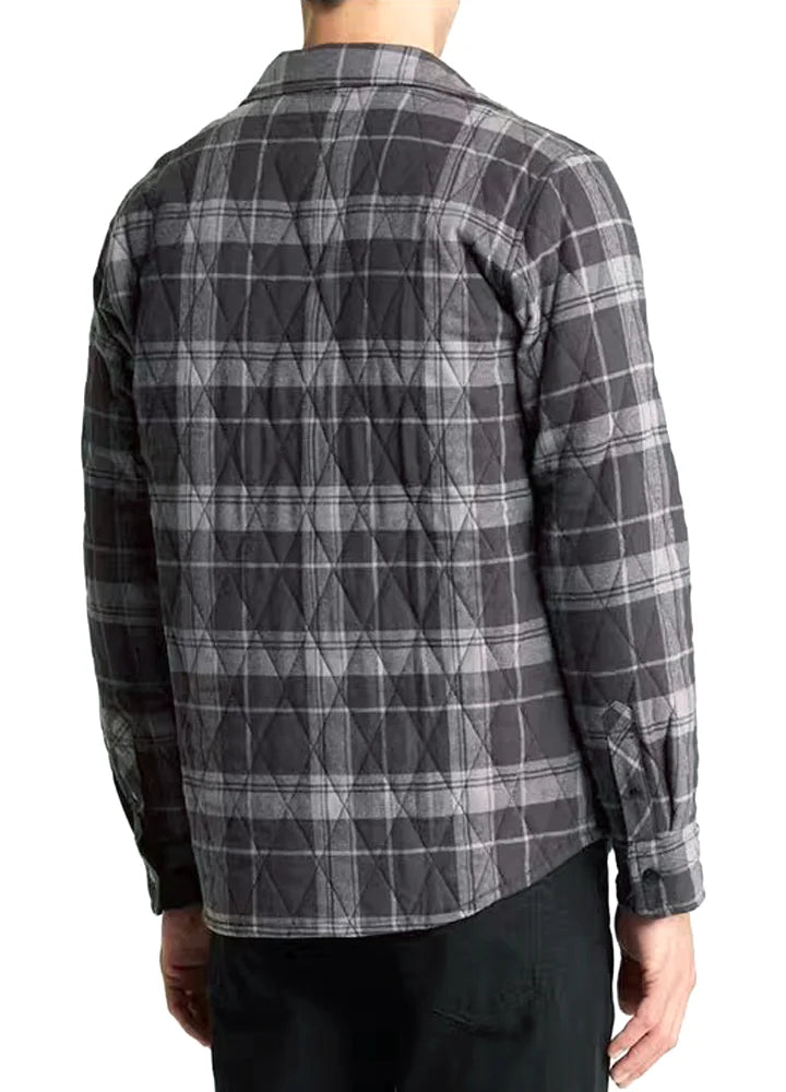 Men's quilt lined plaid jacket with snap button design, showcasing a stylish and warm outerwear option for men.