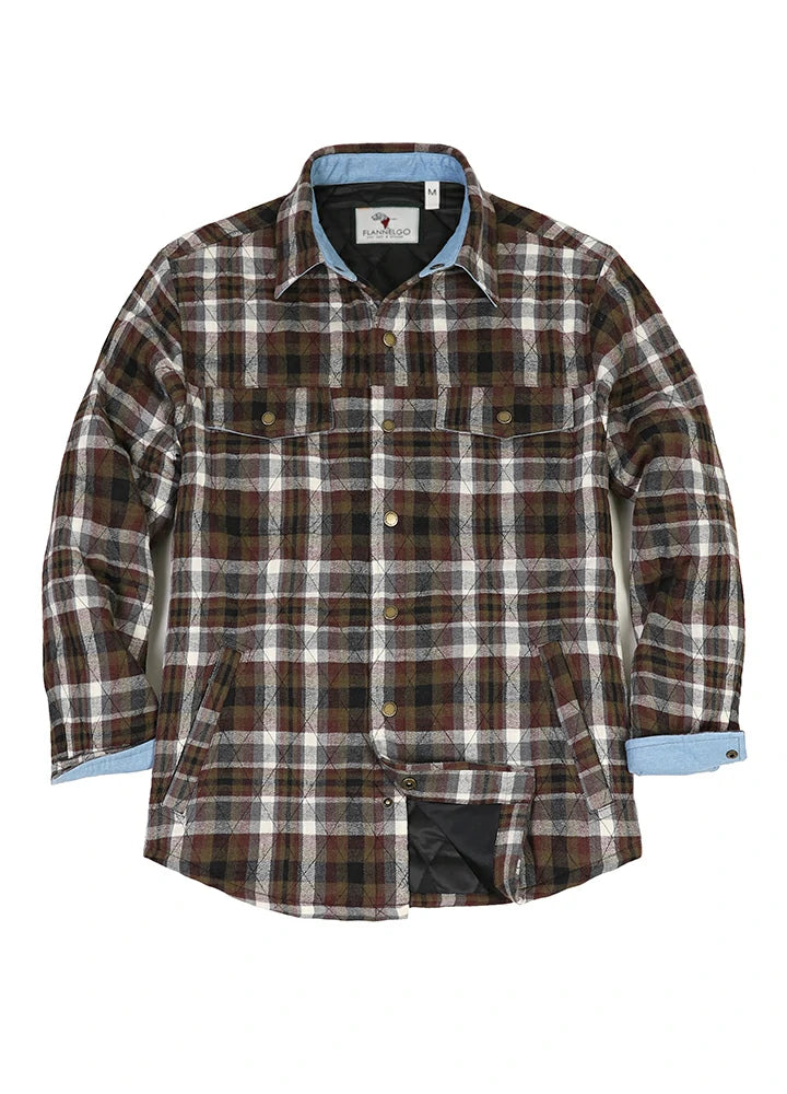 Men's quilt lined plaid jacket with snap button design, showcasing a stylish and warm outerwear option for men.