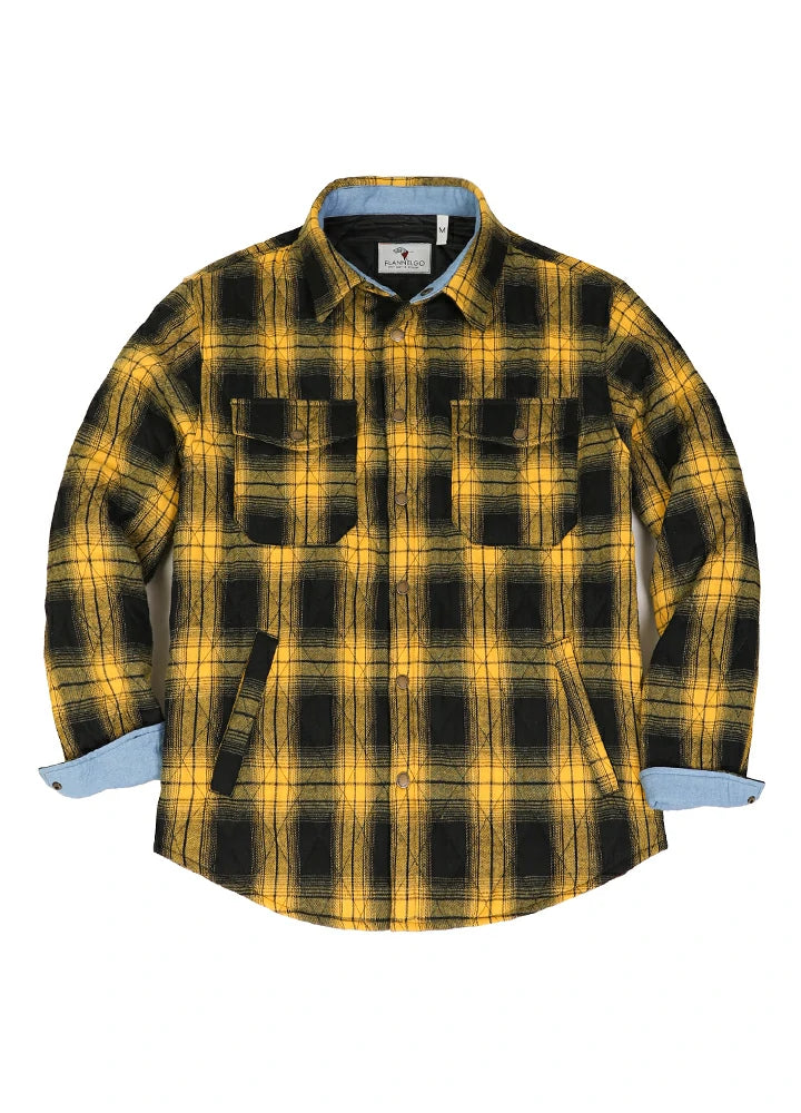 Men's quilt lined plaid jacket with snap button design, showcasing a stylish and warm outerwear option for men.